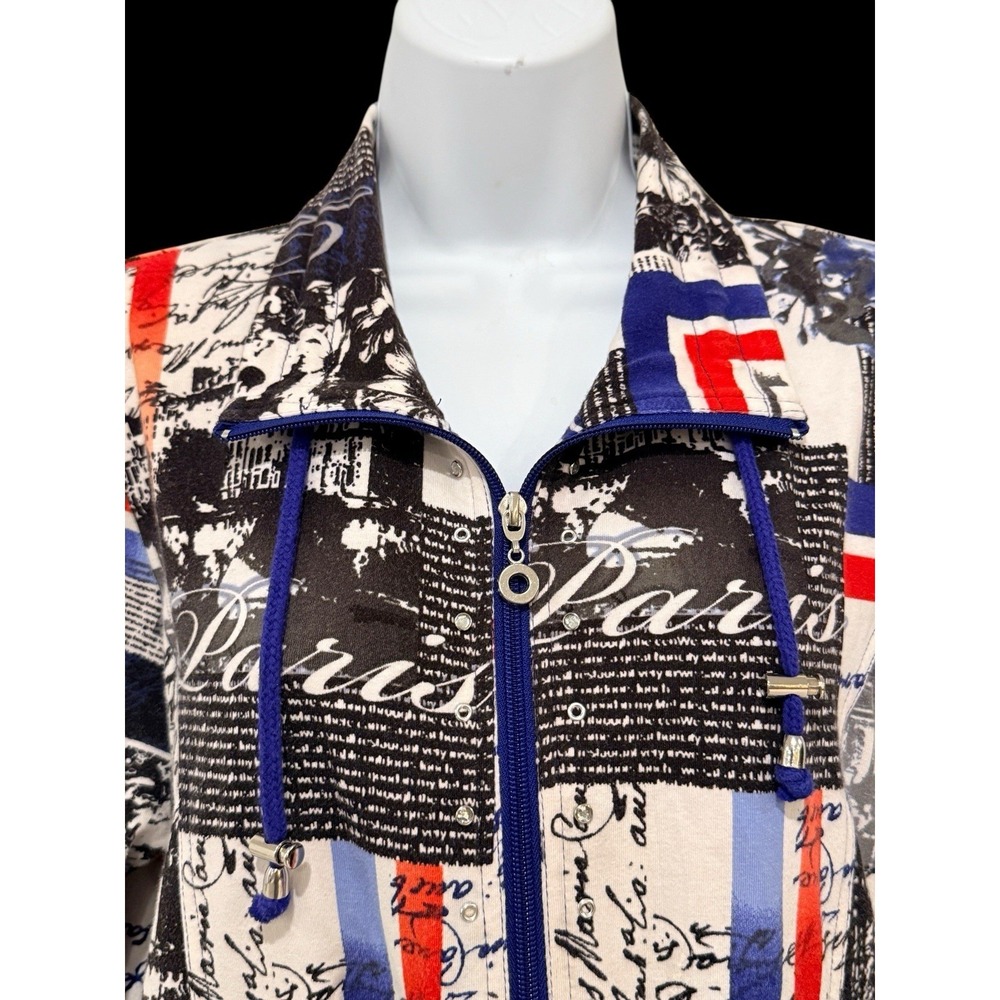 TIO Thomas & Olivia Women Jacket‎ Top M Graphic Art Paris Red White Blue Toggles